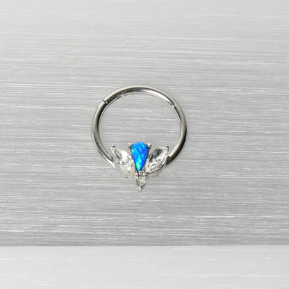 16G 3/8 Blue Faux Opal Style Flower Hinged Segment Ring