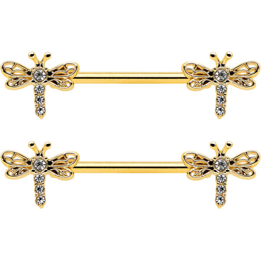 14G 9/16 Clear Gem Gold Tone Flying Dragonfly Nipple Ring Set