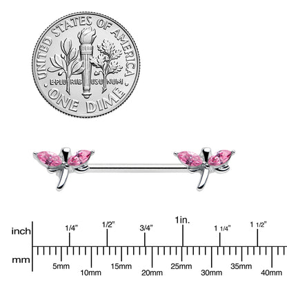 14G 5/8 Pink Gem Simple Styled Dragonfly Barbell Nipple Ring Set