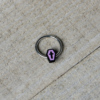 16G 3/8 Creepy Coffin Lt Purple Glow in Dark Hinged Segment Ring