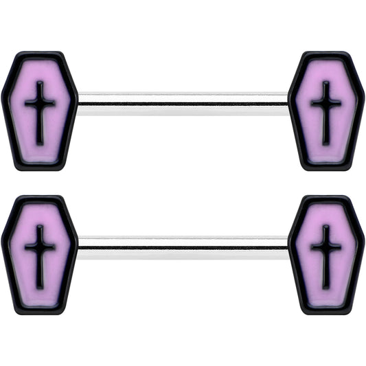 14G 9/16 Creepy Coffin Lt Purple Glow in the Dark Nipple Ring Set