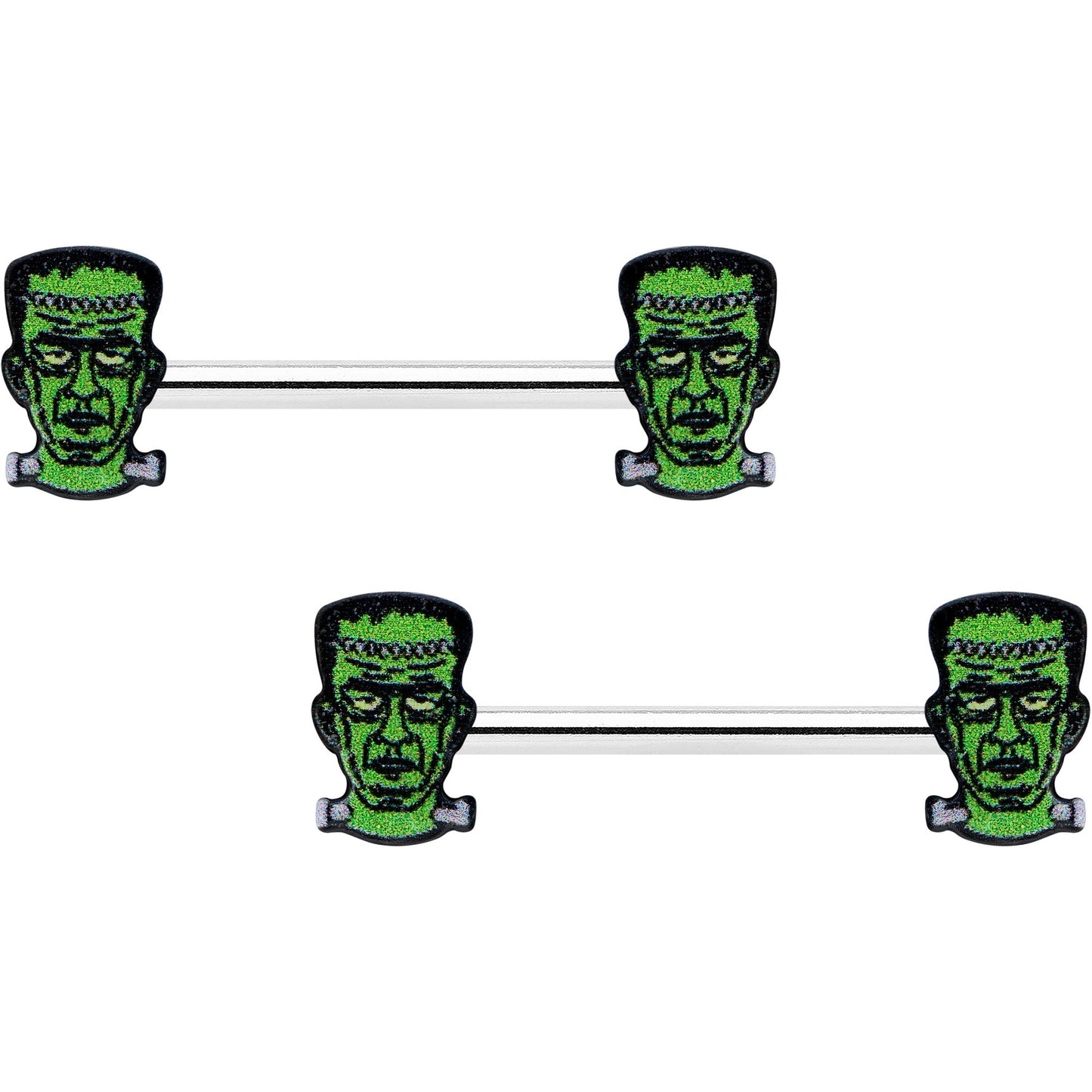 14G 9/16 Frankenstein Head Green Glow in the Dark Nipple Ring Set