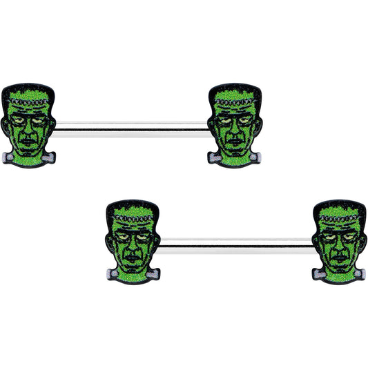 14G 9/16 Frankenstein Head Green Glow in the Dark Nipple Ring Set
