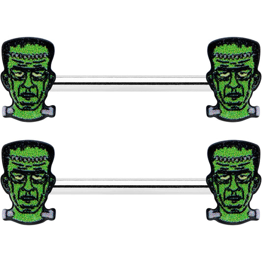 14G 9/16 Frankenstein Head Green Glow in the Dark Nipple Ring Set