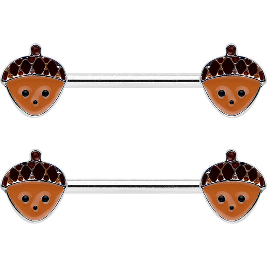 14G 9/16 Autumn Acorn Face Brown Fall Barbell Nipple Ring Set