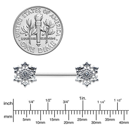 14G 9/16 Clear Gem Filigree Winter Snowflake Nipple Ring Set