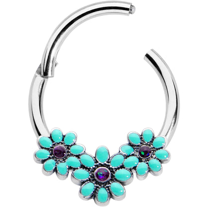 16G 3/8 Blue Gem Flower Trio Teal Petals Hinged Segment Ring