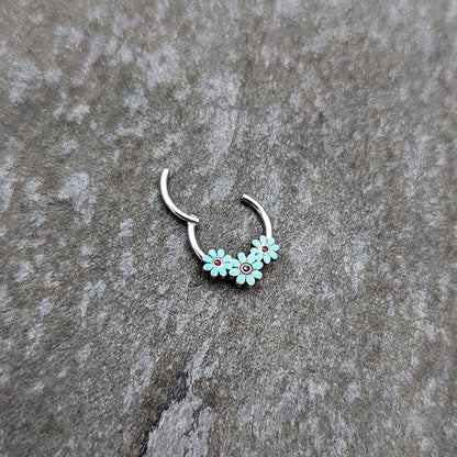 16G 3/8 Blue Gem Flower Trio Teal Petals Hinged Segment Ring