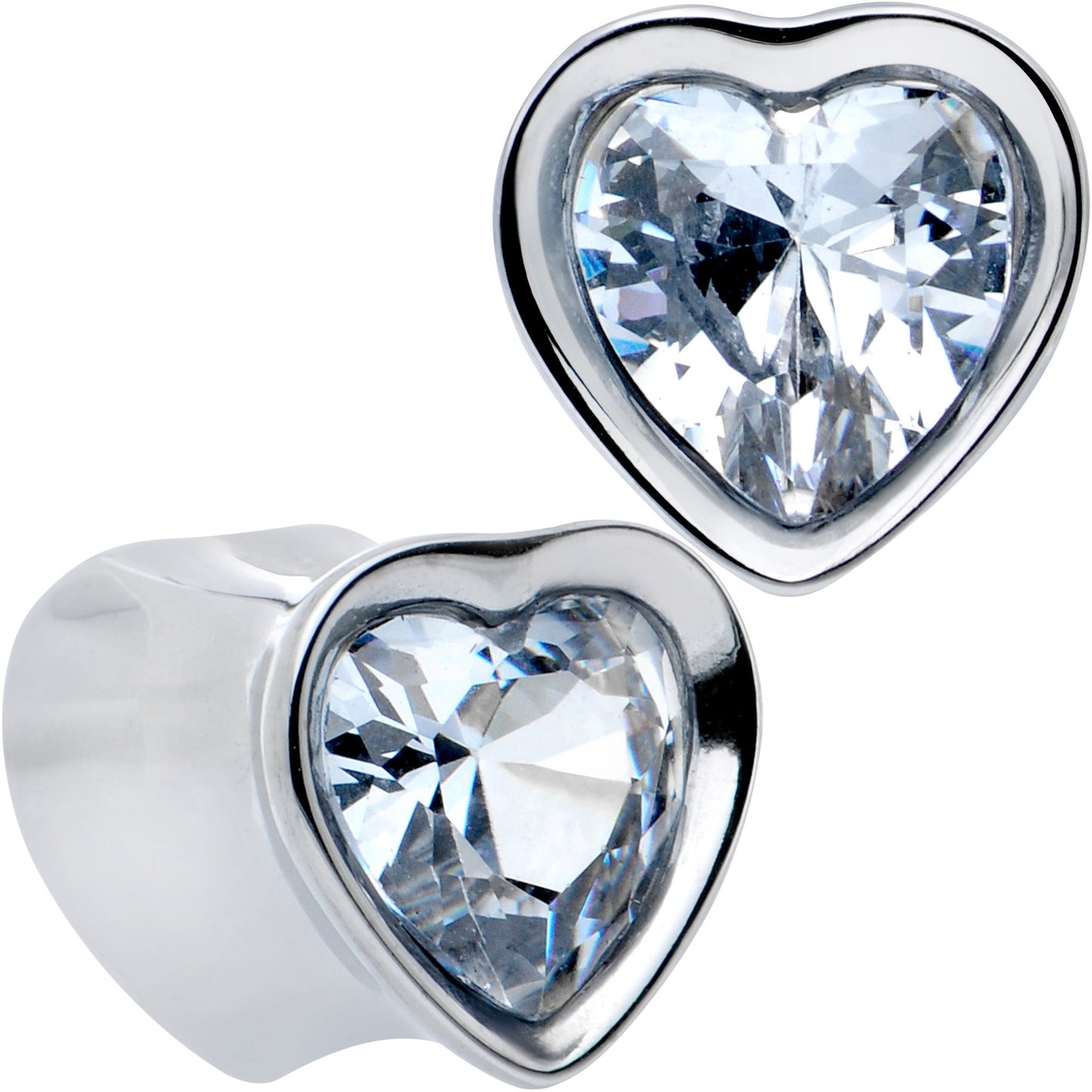 Stainless Steel CZ Gem Heart In Heart Double Flare Plug Set 8mm to 16mm