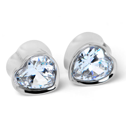Stainless Steel CZ Gem Heart In Heart Double Flare Plug Set 8mm to 16mm