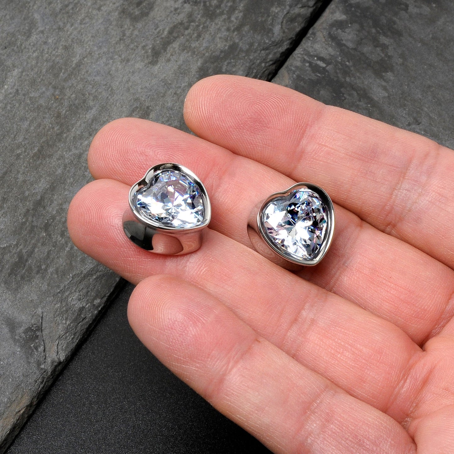 Stainless Steel CZ Gem Heart In Heart Double Flare Plug Set 8mm to 16mm