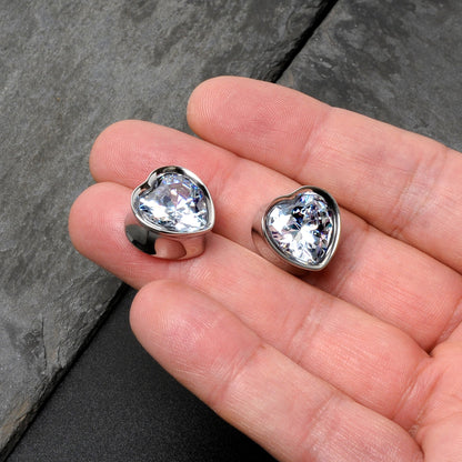 Stainless Steel CZ Gem Heart In Heart Double Flare Plug Set 8mm to 16mm