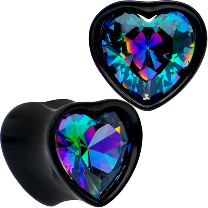 Medium Vitrail CZ Black Heart In Heart Double Flare Plug Set 8mm to 16mm