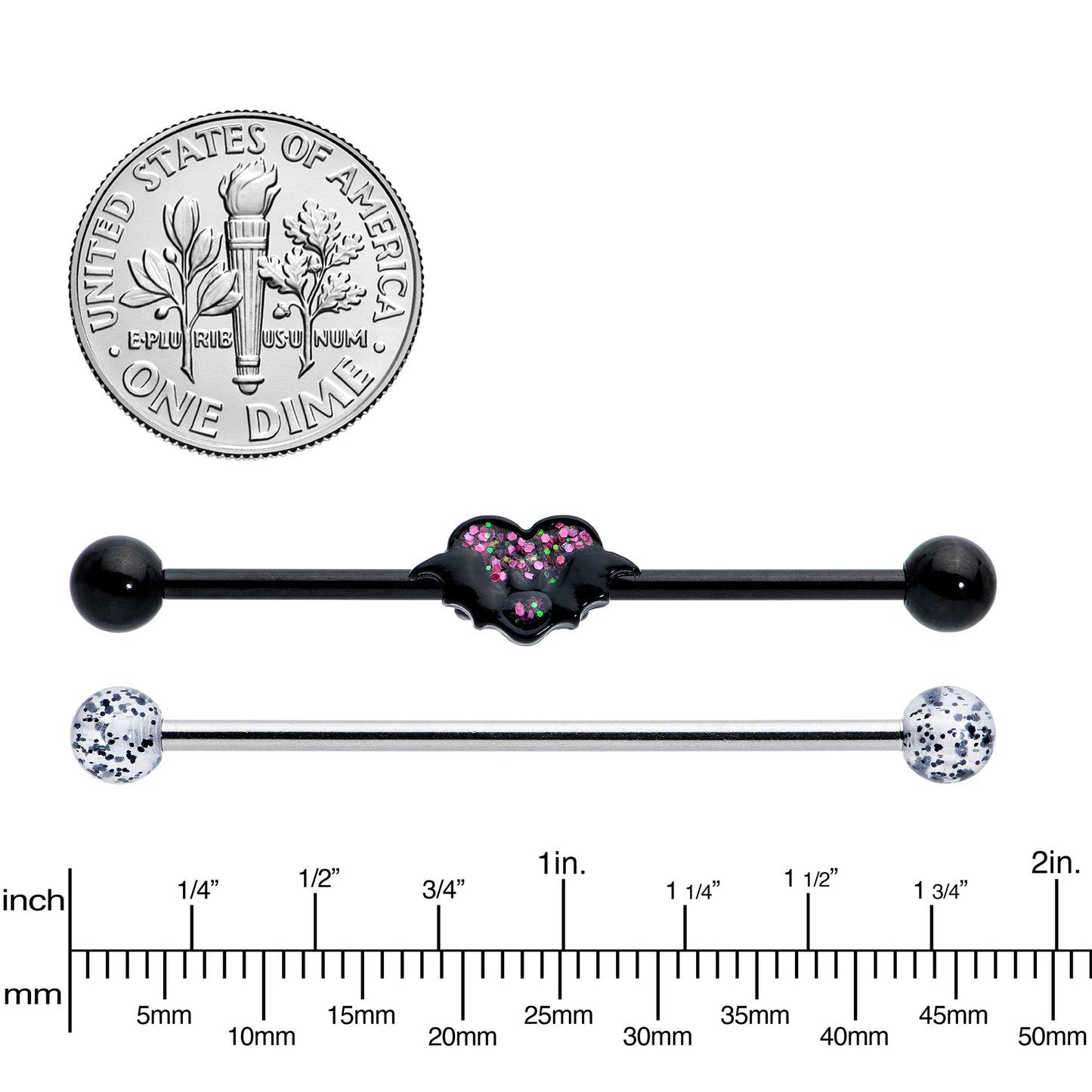 14G Black Bat Heart Halloween Clear Industrial Barbell 38mm Set of 2