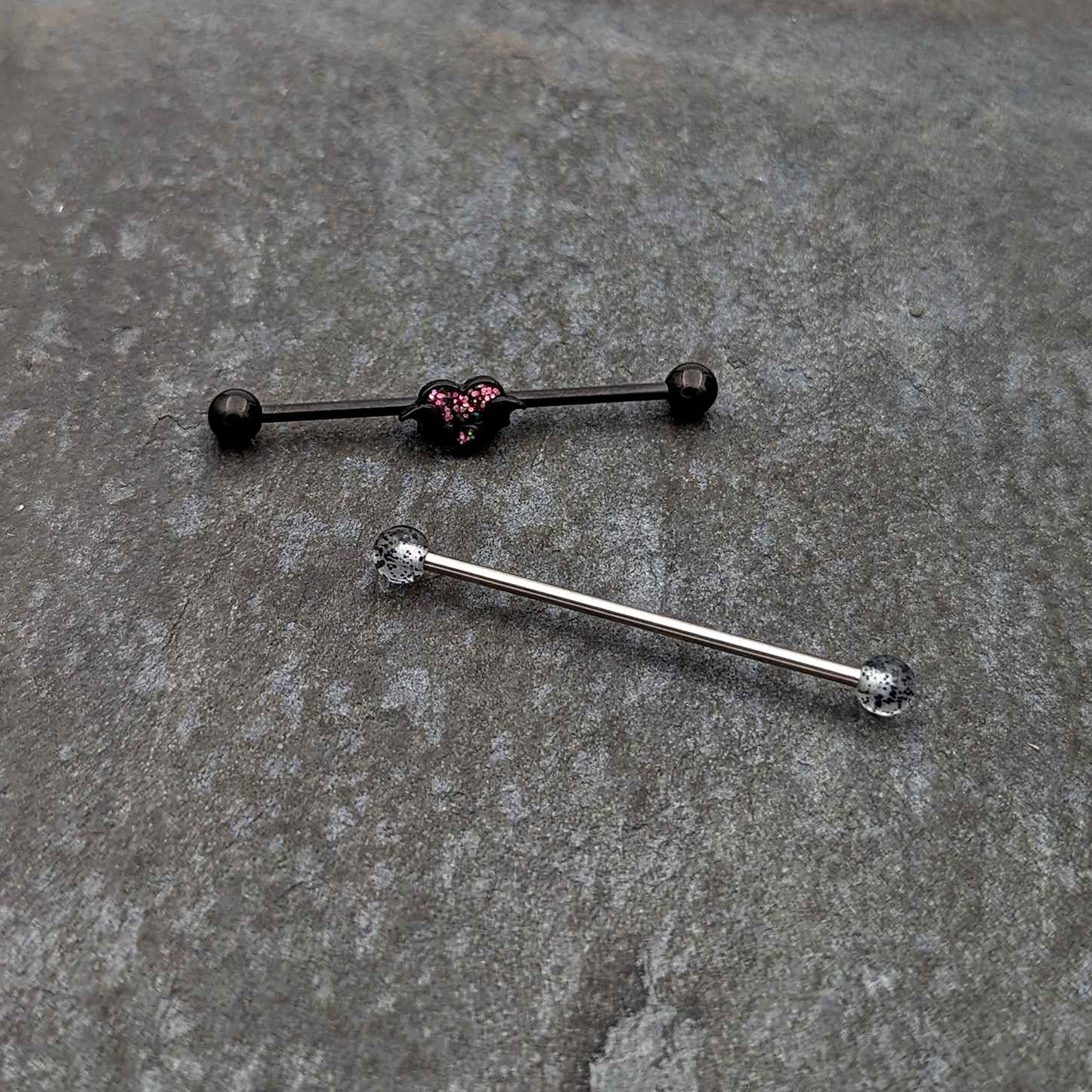 14G Black Bat Heart Halloween Clear Industrial Barbell 38mm Set of 2