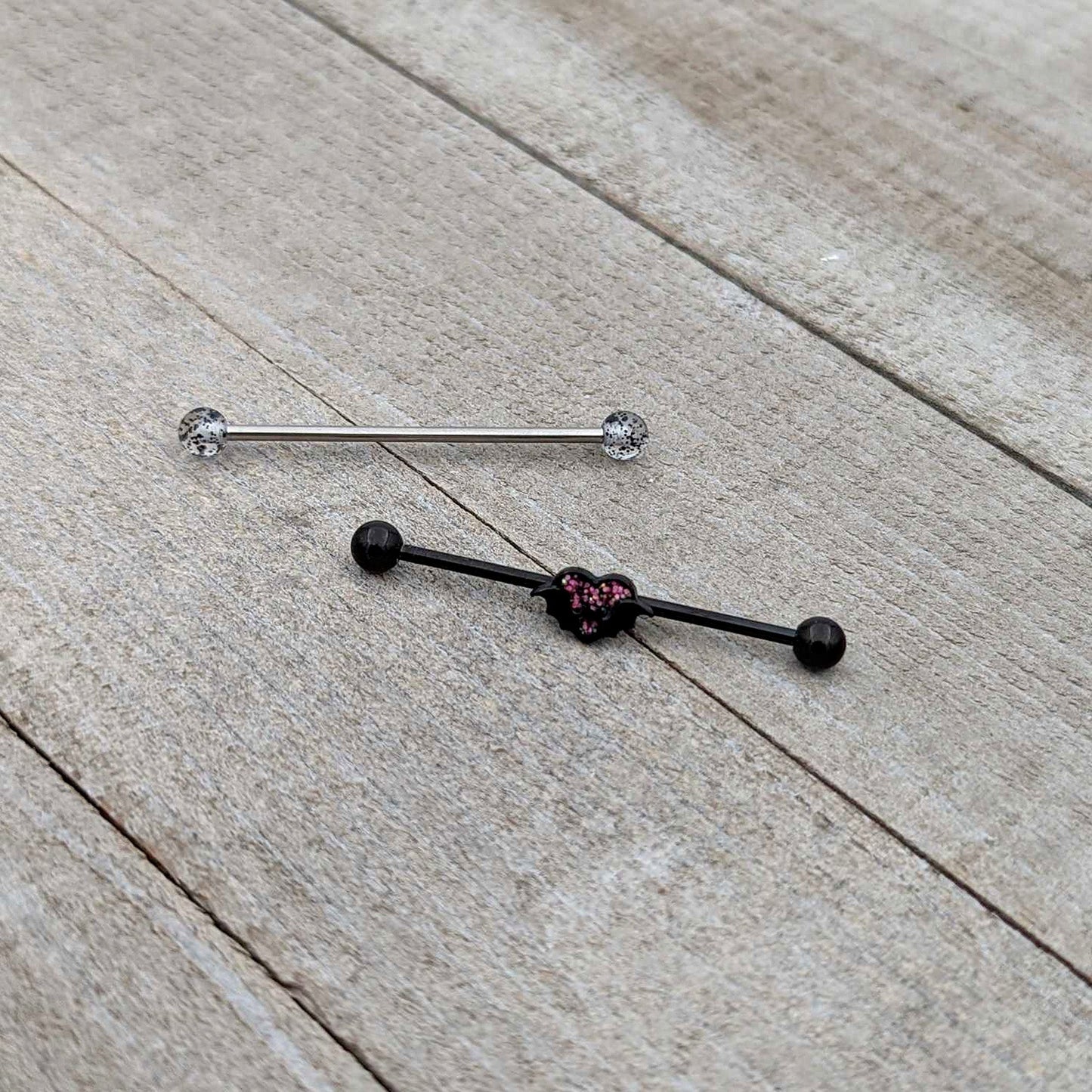 14G Black Bat Heart Halloween Clear Industrial Barbell 38mm Set of 2