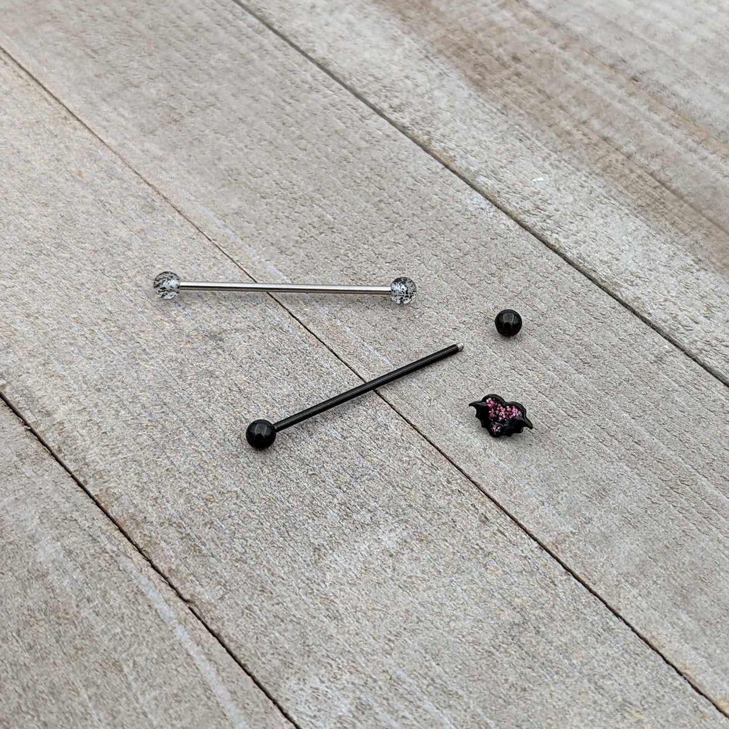 14G Black Bat Heart Halloween Clear Industrial Barbell 38mm Set of 2