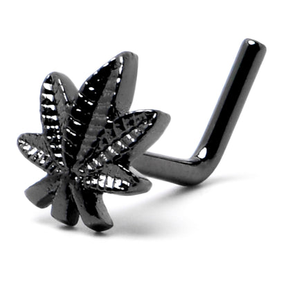20G 1/4 Black Texture Pot Leaf L Shape Nose Ring