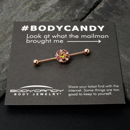 14G Dark Aurora Gem Rose Gold Tone Flower Industrial Barbell 38mm