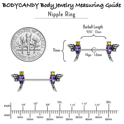 14G 9/16 Purple Yellow Gem Dragonfly Barbell Nipple Ring Set