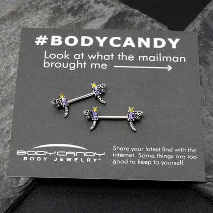14G 9/16 Purple Yellow Gem Dragonfly Barbell Nipple Ring Set