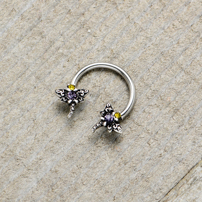 16G 3/8 Purple Yellow Gem Dragonfly Horseshoe Circular Barbell