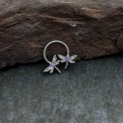 16G 3/8 Purple CZ Gem Open Dragonfly Horseshoe Circular Barbell