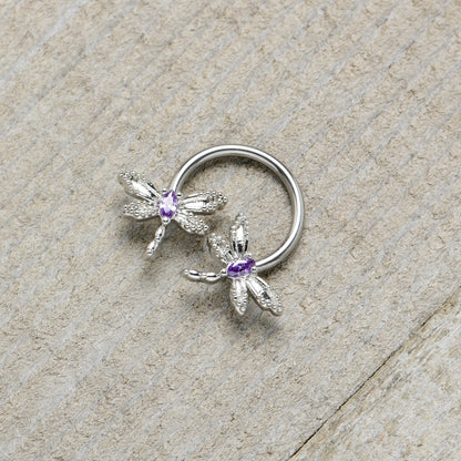 16G 3/8 Purple CZ Gem Open Dragonfly Horseshoe Circular Barbell