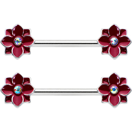 14G 9/16 Aurora Gem Poinsettia Flower Barbell Nipple Ring Set