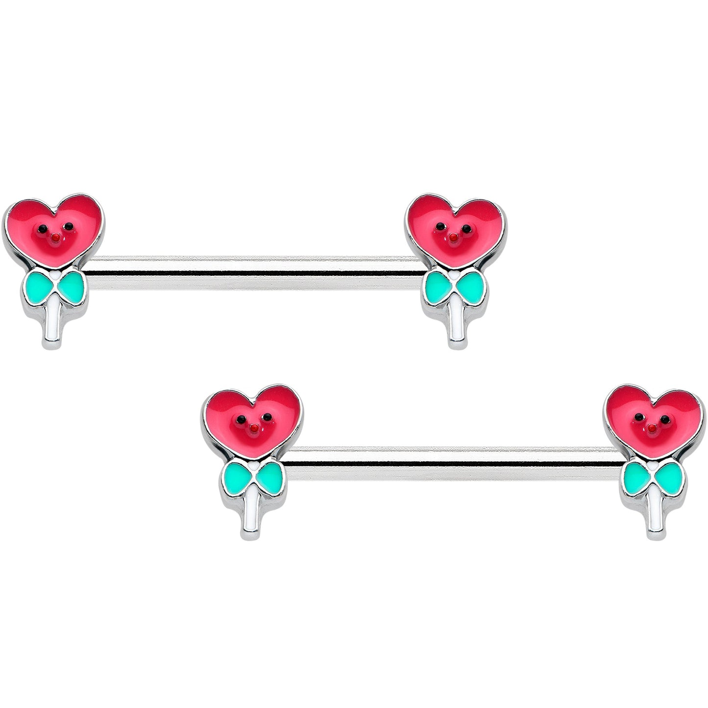 14G 9/16 Sweet Happy Heart Lollipop Barbell Nipple Ring Set