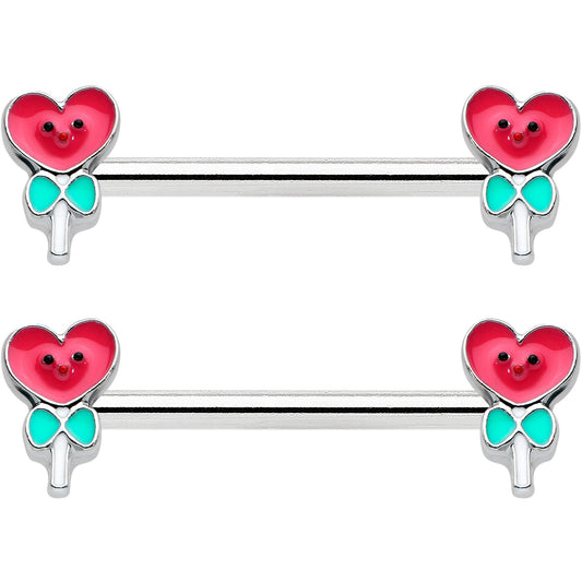 14G 9/16 Sweet Happy Heart Lollipop Barbell Nipple Ring Set