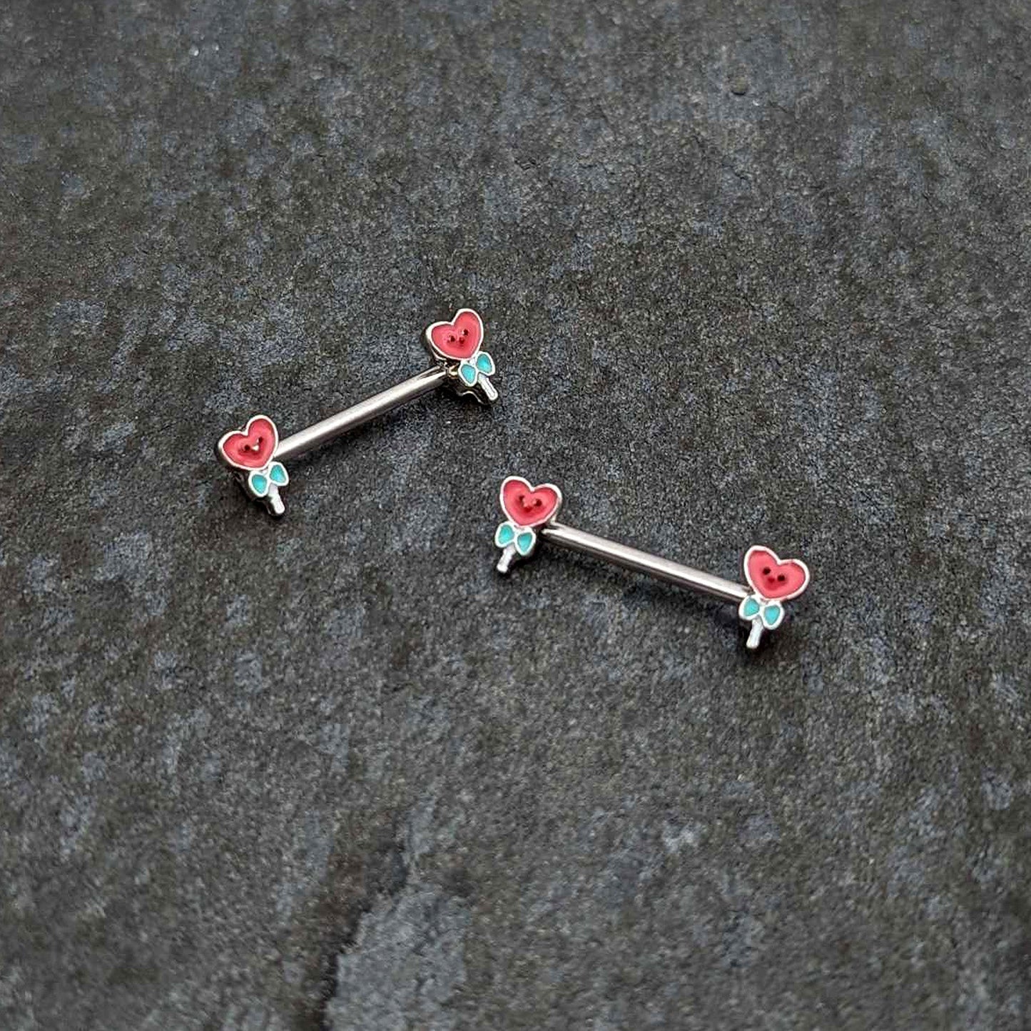 14G 9/16 Sweet Happy Heart Lollipop Barbell Nipple Ring Set