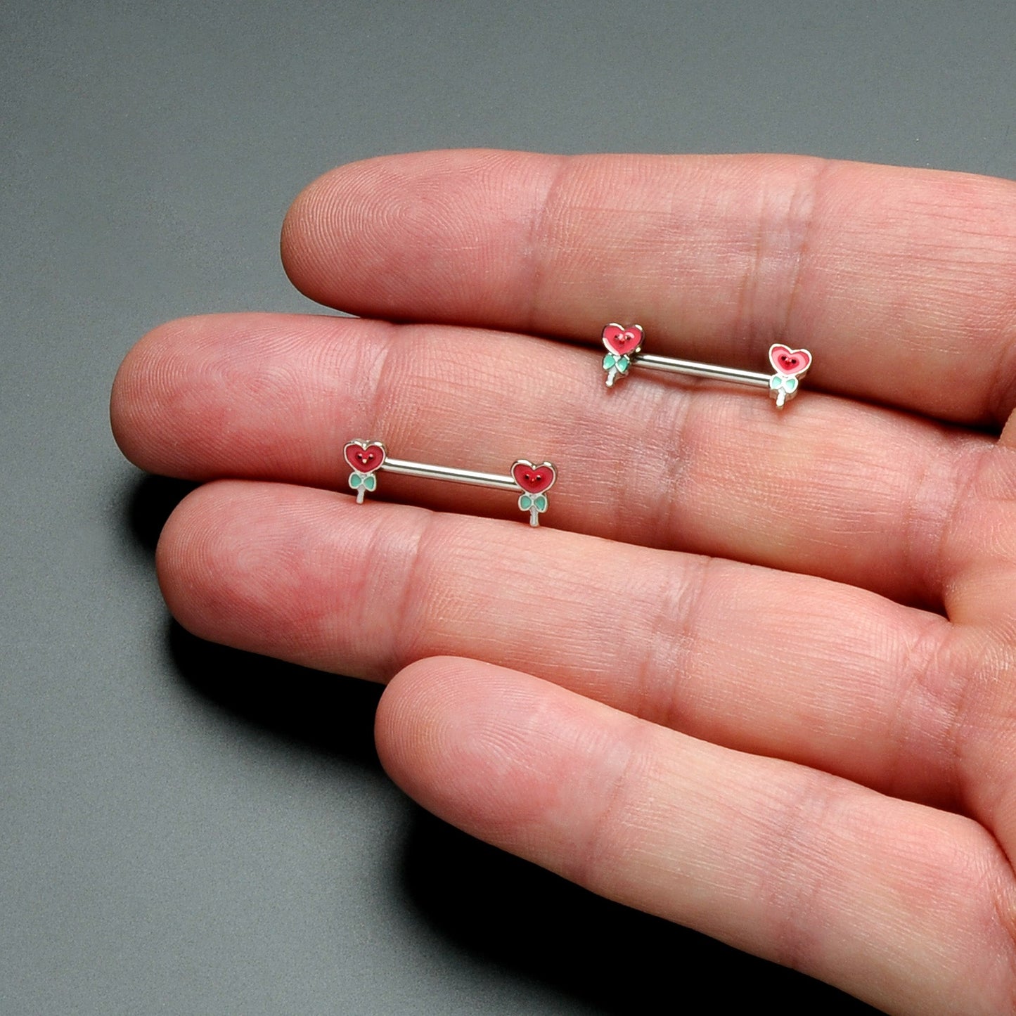 14G 9/16 Sweet Happy Heart Lollipop Barbell Nipple Ring Set
