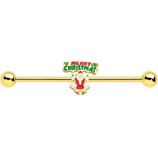 14G Gold Hue Merry Christmas Santa Inlaid Industrial Barbell 38mm