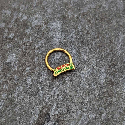 16G 3/8 Gold Tone Merry Christmas Inlay Hinged Segment Ring