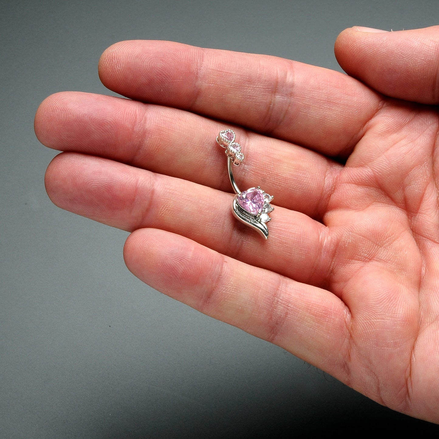 Pink CZ Gem Triple Drop Flare Heart Valentine Double Mount Belly Ring