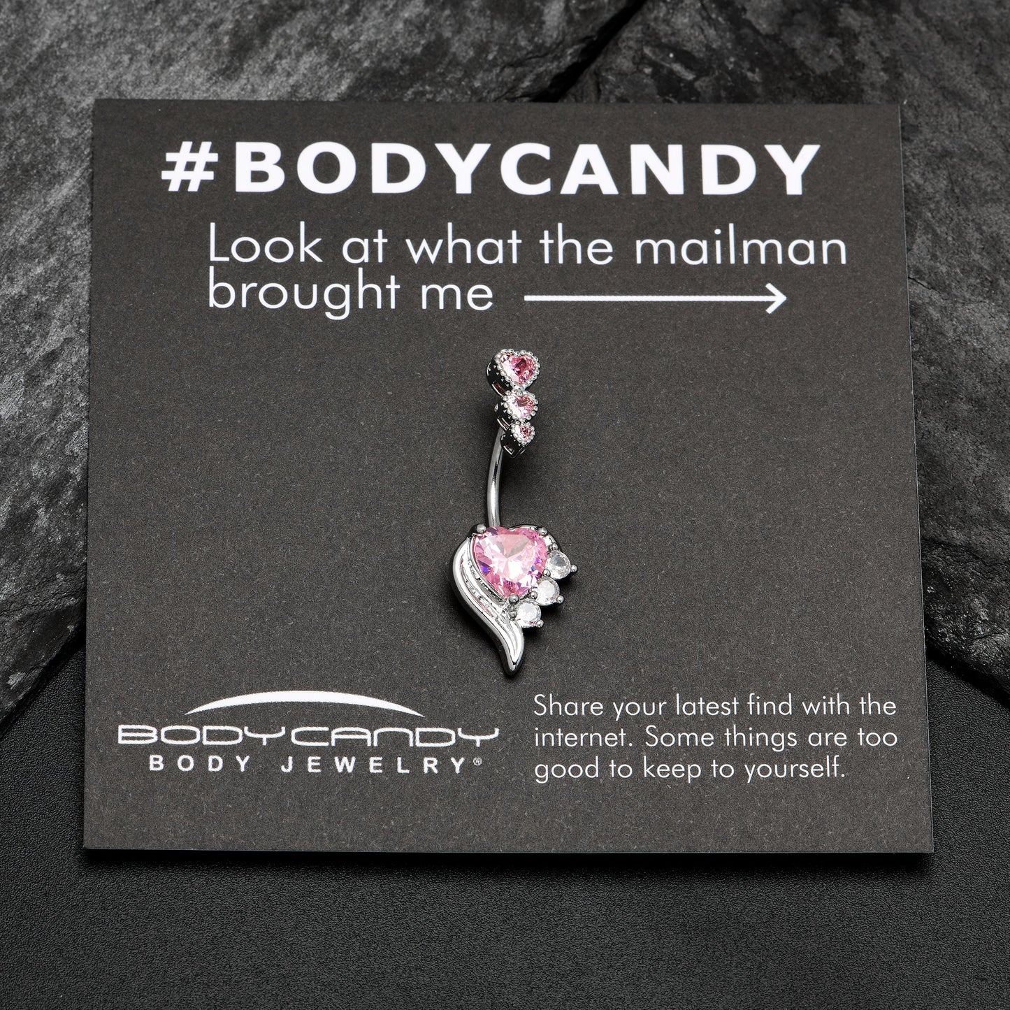 Pink CZ Gem Triple Drop Flare Heart Valentine Double Mount Belly Ring