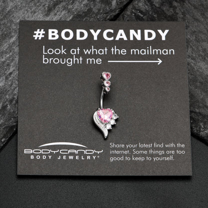 Pink CZ Gem Triple Drop Flare Heart Valentine Double Mount Belly Ring
