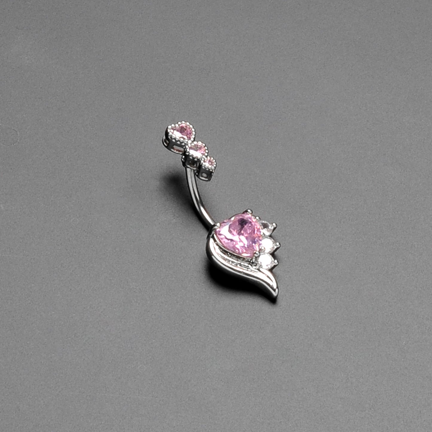 Pink CZ Gem Triple Drop Flare Heart Valentine Double Mount Belly Ring