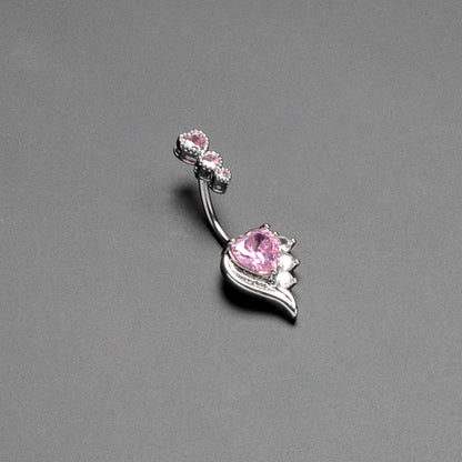 Pink CZ Gem Triple Drop Flare Heart Valentine Double Mount Belly Ring
