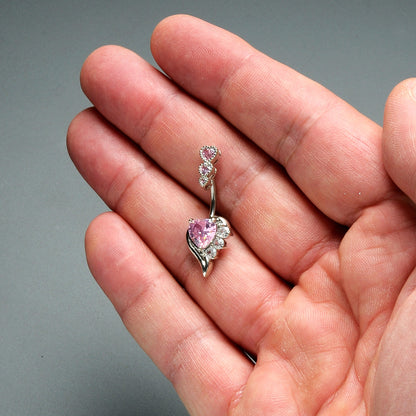 Pink CZ Gem Triple Drop Flare Heart Valentine Double Mount Belly Ring