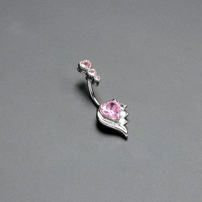 Pink CZ Gem Triple Drop Flare Heart Valentine Double Mount Belly Ring