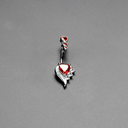 Red CZ Gem Triple Drop Flare Heart Valentine Double Mount Belly Ring