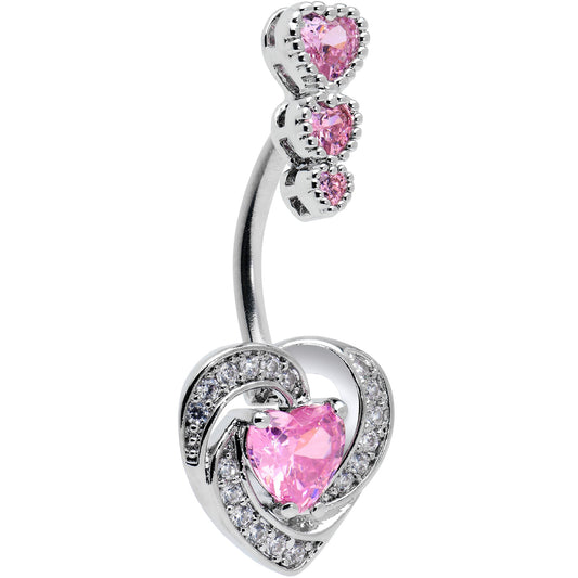 Pink CZ Gem Triple Drop Swirl Heart Valentine Double Mount Belly Ring