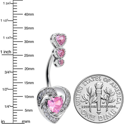 Pink CZ Gem Triple Drop Swirl Heart Valentine Double Mount Belly Ring