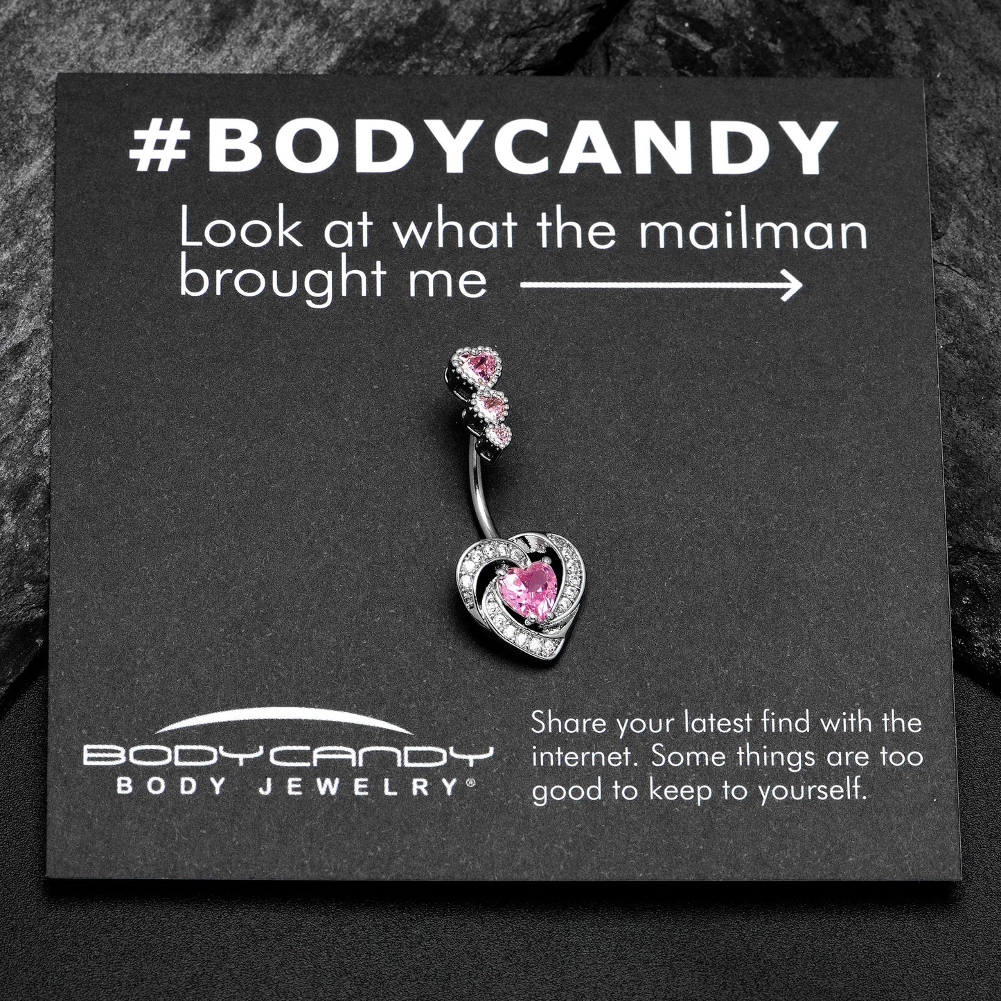 Pink CZ Gem Triple Drop Swirl Heart Valentine Double Mount Belly Ring