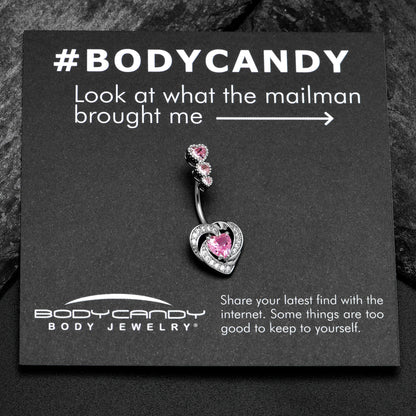 Pink CZ Gem Triple Drop Swirl Heart Valentine Double Mount Belly Ring