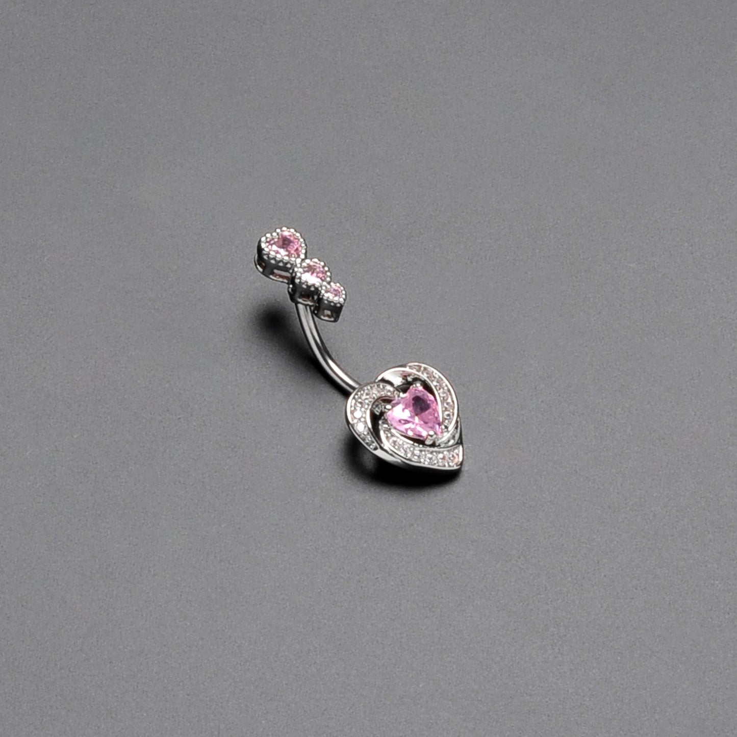 Pink CZ Gem Triple Drop Swirl Heart Valentine Double Mount Belly Ring