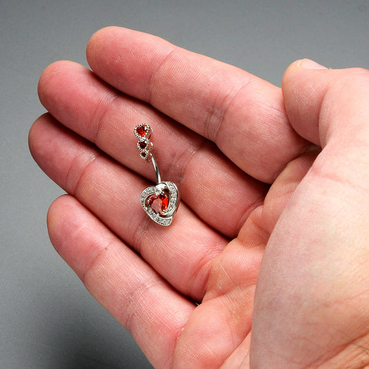 Red CZ Gem Triple Drop Swirl Heart Valentine Double Mount Belly Ring