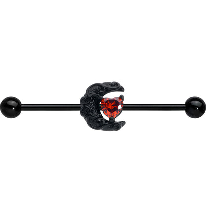 14G Red CZ Gem Black Scroll Moon Heart Industrial Barbell 38mm